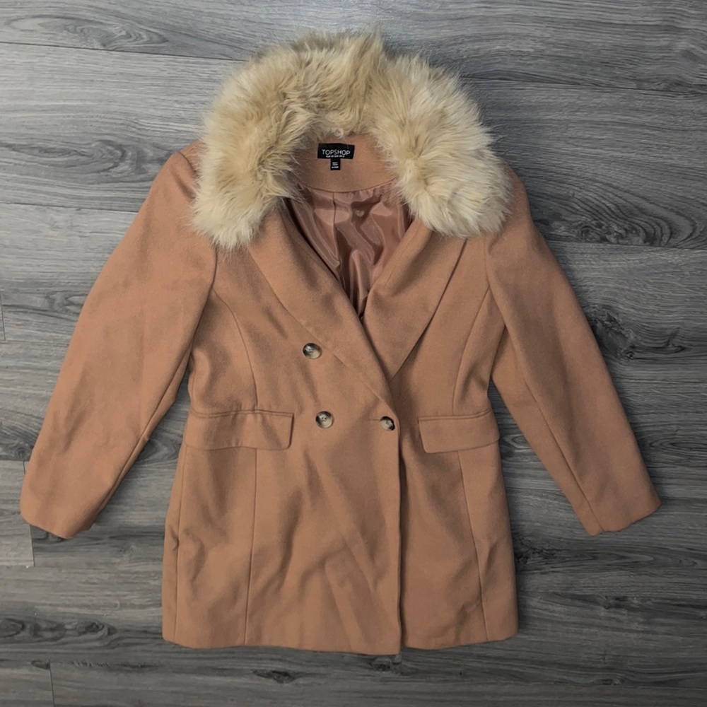 Topshop Naomi faux fur collar camel coat size 8